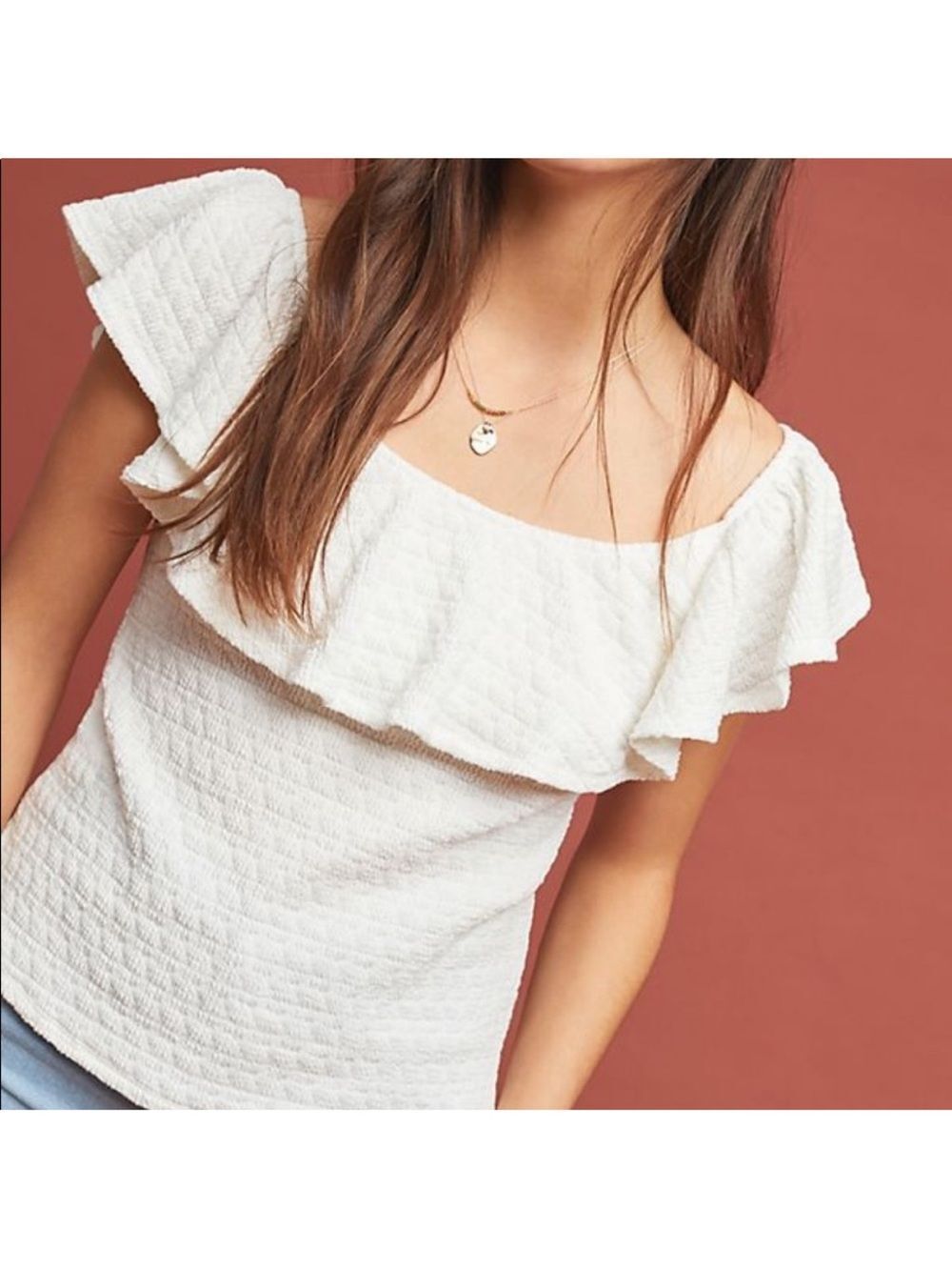 Anthropologie Deletta Ruffle Off Shoulder Top White Textured Gauze Small